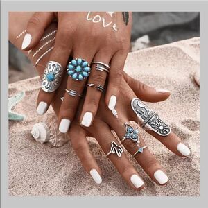 9pcs Boho Women ring set desert southwestern NEW all sizes NIP faux turquoise
